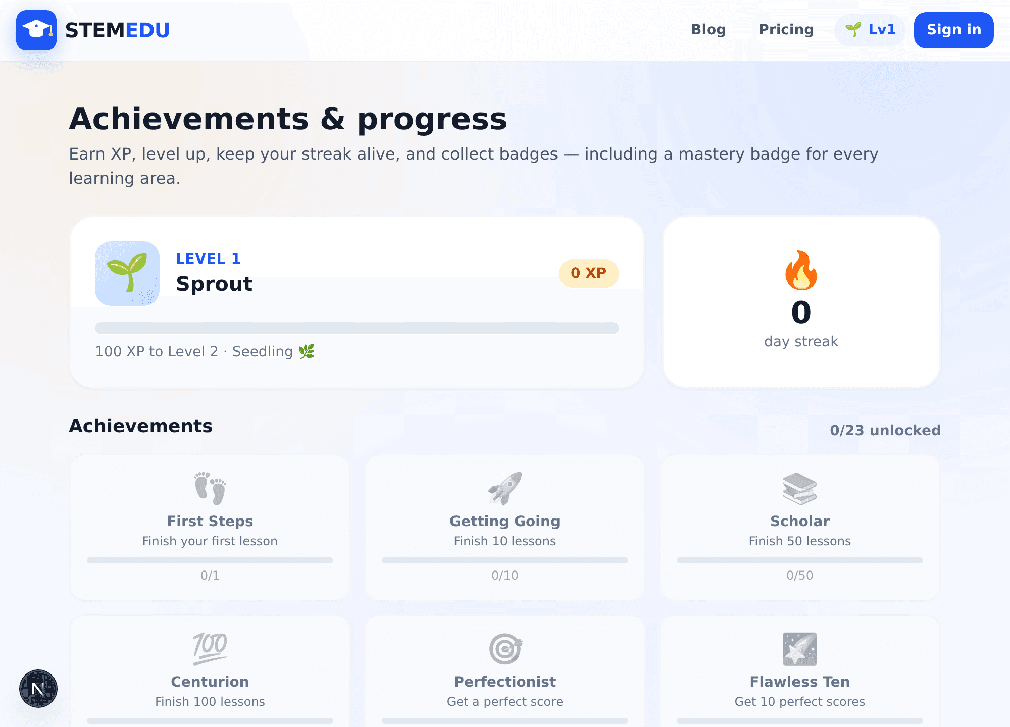 The achievements page showing level, XP, streak and badges