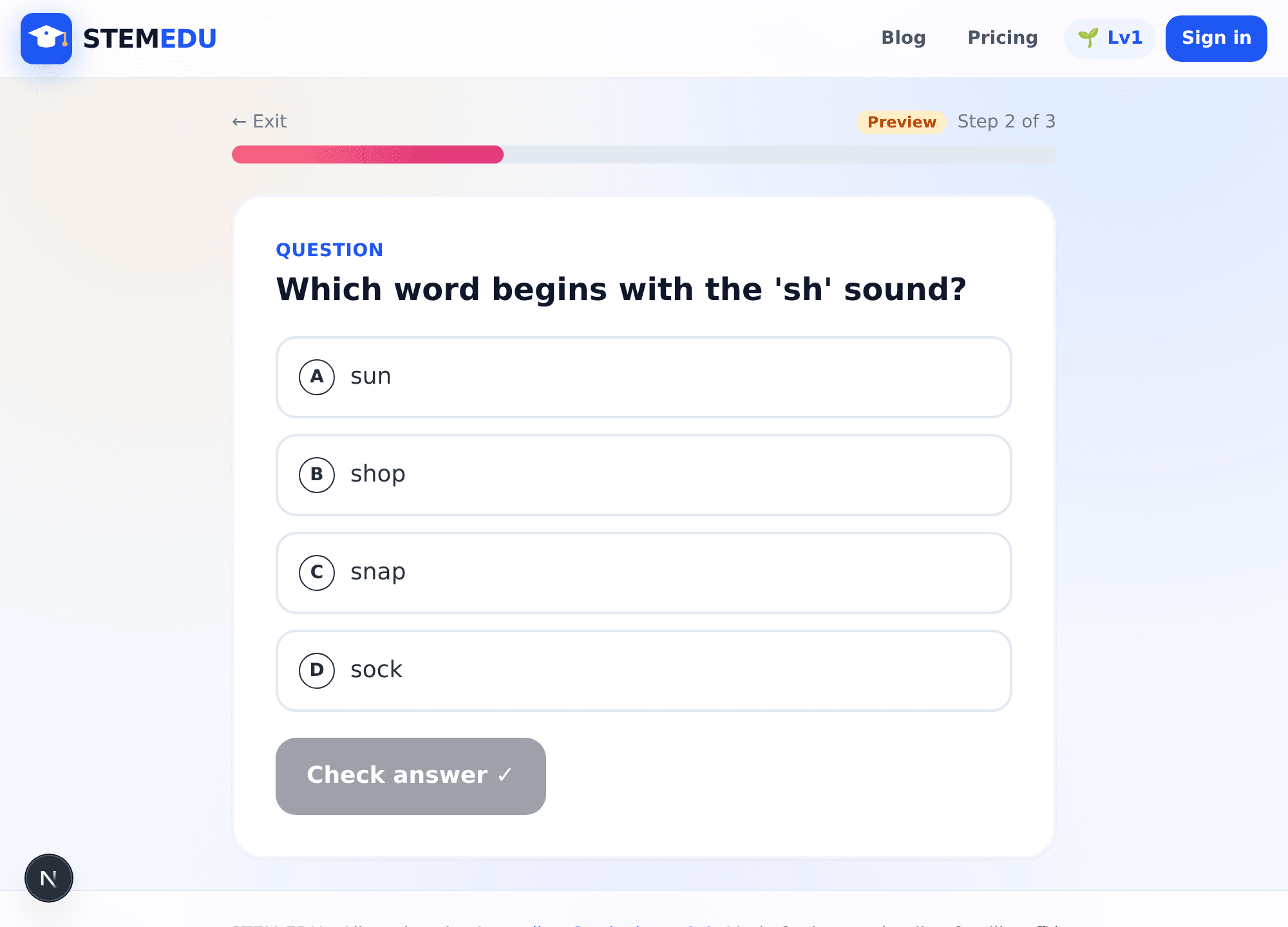 An interactive multiple-choice question inside a STEM EDU lesson