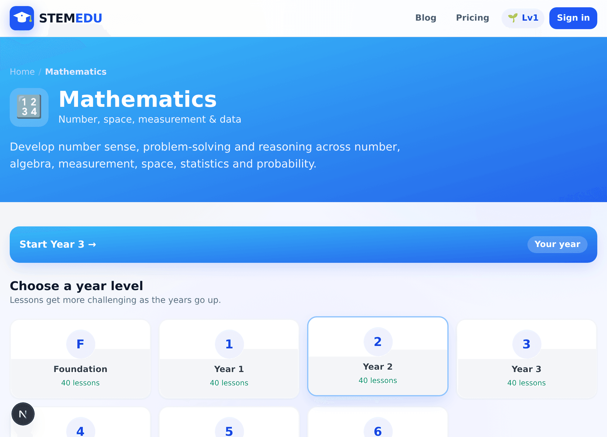 A subject page with a year-level picker